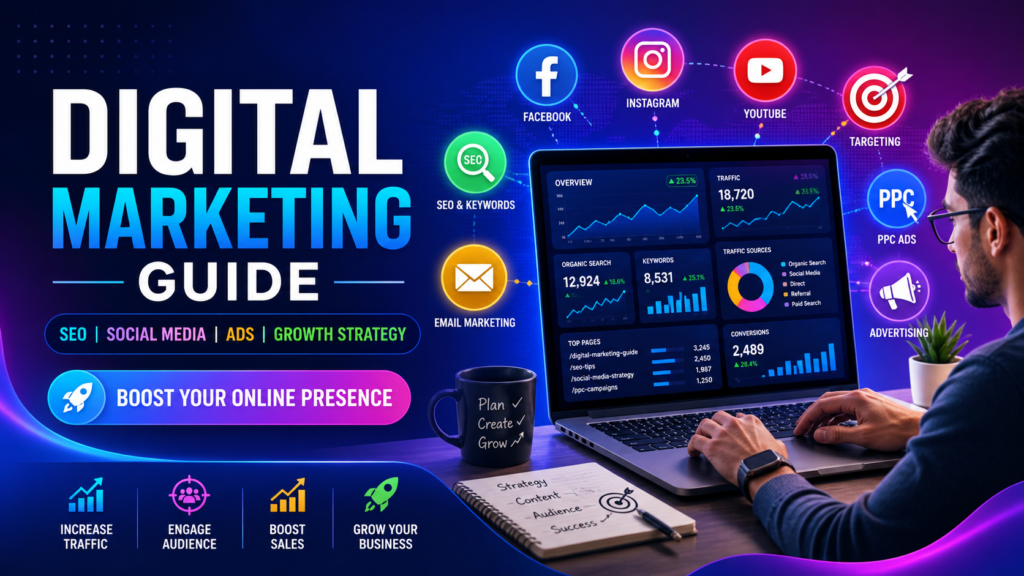 Digital marketing encompasses the strategic use of digital channels and technologies to promote products or services. It involves various online platforms such as social media, search engines, email, and websites to connect with a target audience. By leveraging tools like search engine optimization (SEO), content marketing, pay-per-click advertising, and analytics, businesses aim to enhance their visibility, engage consumers, and drive conversions. This approach allows for precise targeting and measurable results, making it an essential component of modern business strategies.